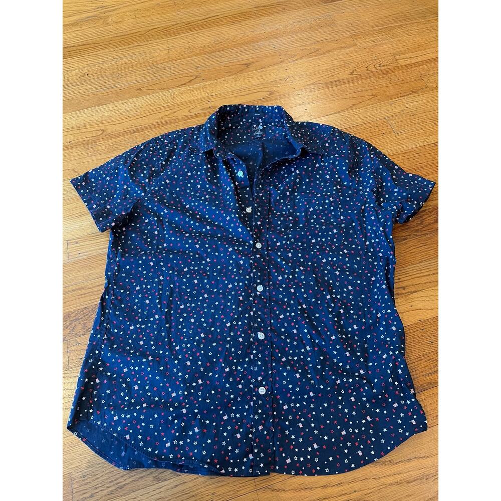 J.Crew Slim Fit Button Down Shirt Navy Star Print Flex Washed Short Sleeve